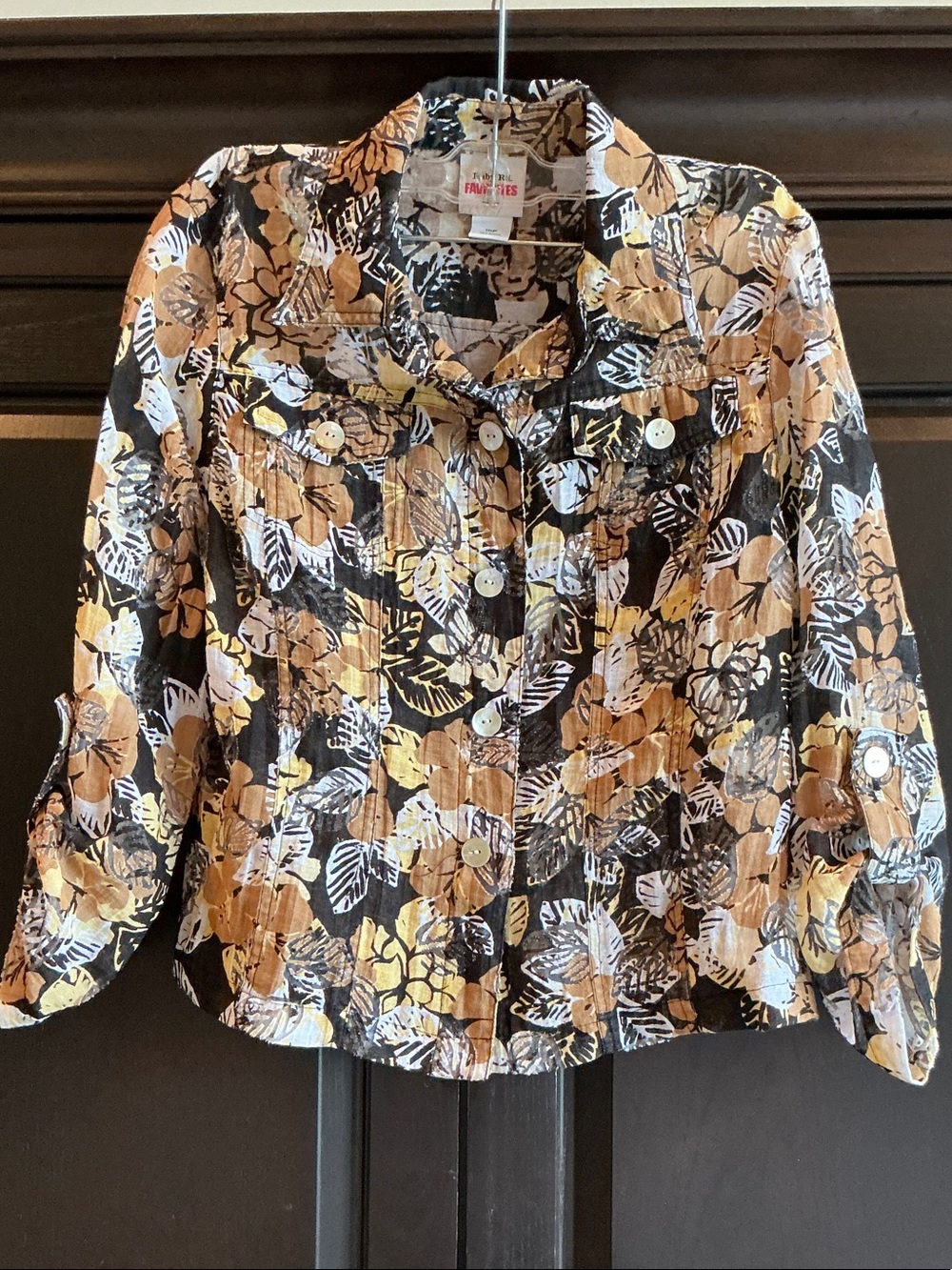 Ruby Rd. Floral Button-Front Shirt Jacket in Black, Tan and White